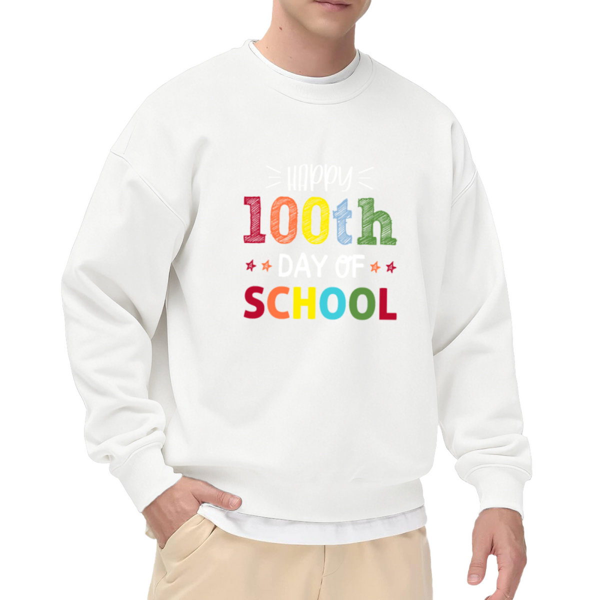 Happy 100th Day Of School Crewneck Sweatshirt | Colorful Kids Celebration Pullover, Colorful Star Graphic Top, Student Gift