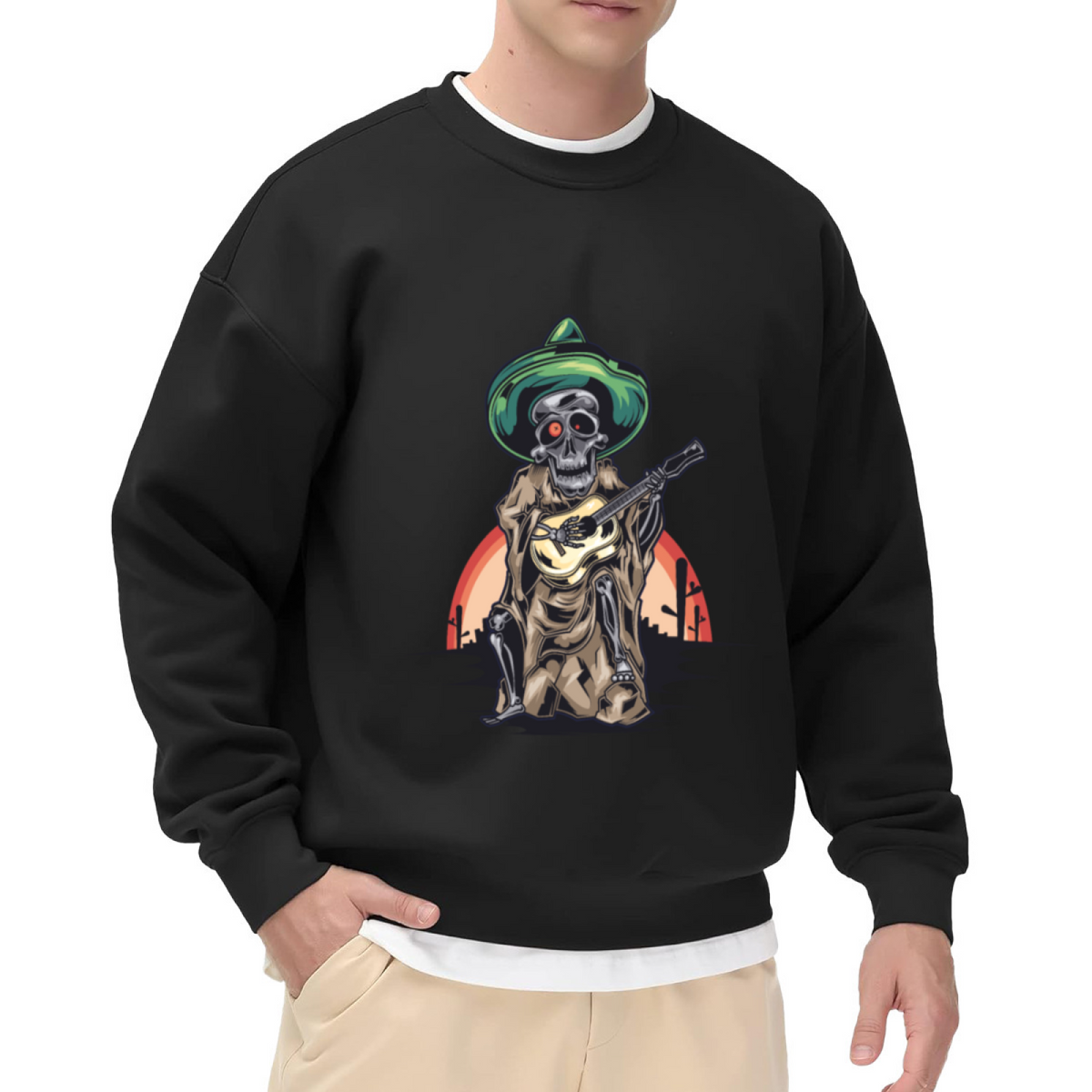 Day Of The Dead Skeleton Guitar Sweatshirt | Mexican Sombrero Skeleton Graphic Crewneck, Desert Sunset Pullover Top, Dia De Los Muertos Gift