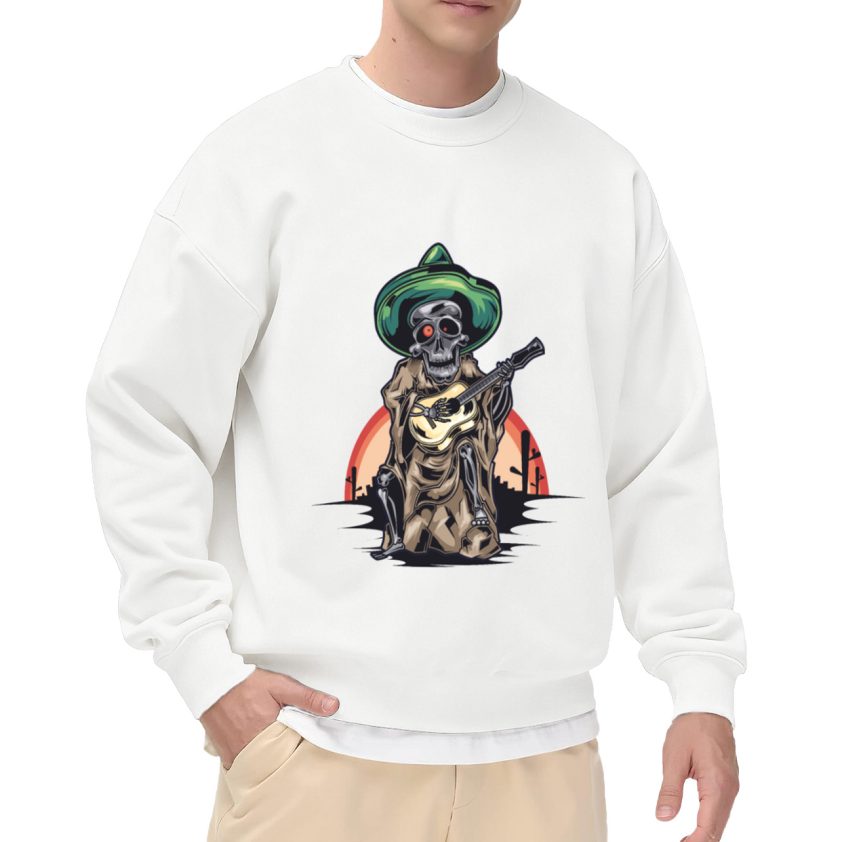 Day Of The Dead Skeleton Guitar Sweatshirt | Mexican Sombrero Skeleton Graphic Crewneck, Desert Sunset Pullover Top, Dia De Los Muertos Gift