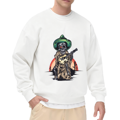 Day Of The Dead Skeleton Guitar Sweatshirt | Mexican Sombrero Skeleton Graphic Crewneck, Desert Sunset Pullover Top, Dia De Los Muertos Gift