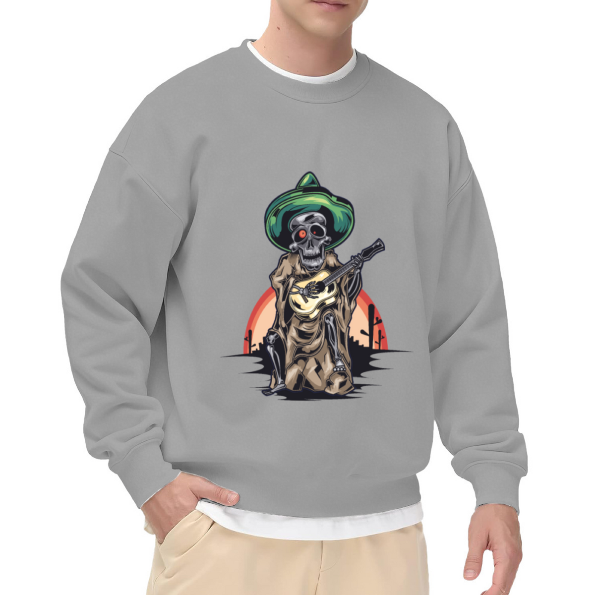 Day Of The Dead Skeleton Guitar Sweatshirt | Mexican Sombrero Skeleton Graphic Crewneck, Desert Sunset Pullover Top, Dia De Los Muertos Gift