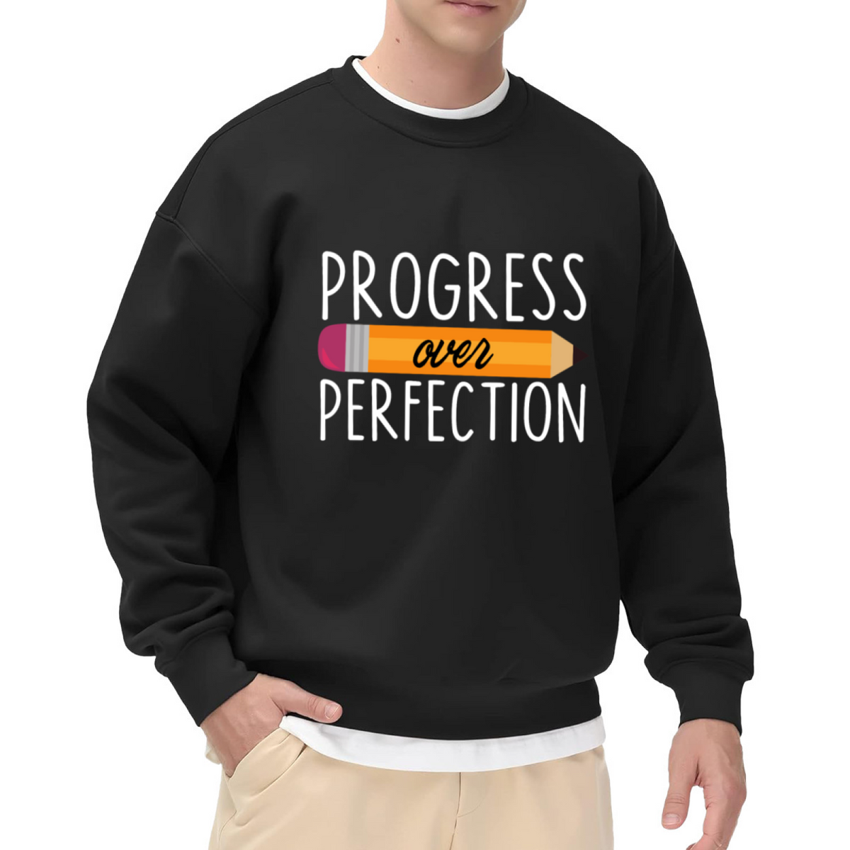 Progress Over Perfection Pencil Crewneck Sweatshirt | Back To School Motivational Pullover, Cute Stationery Graphic Top, Teacher Gift