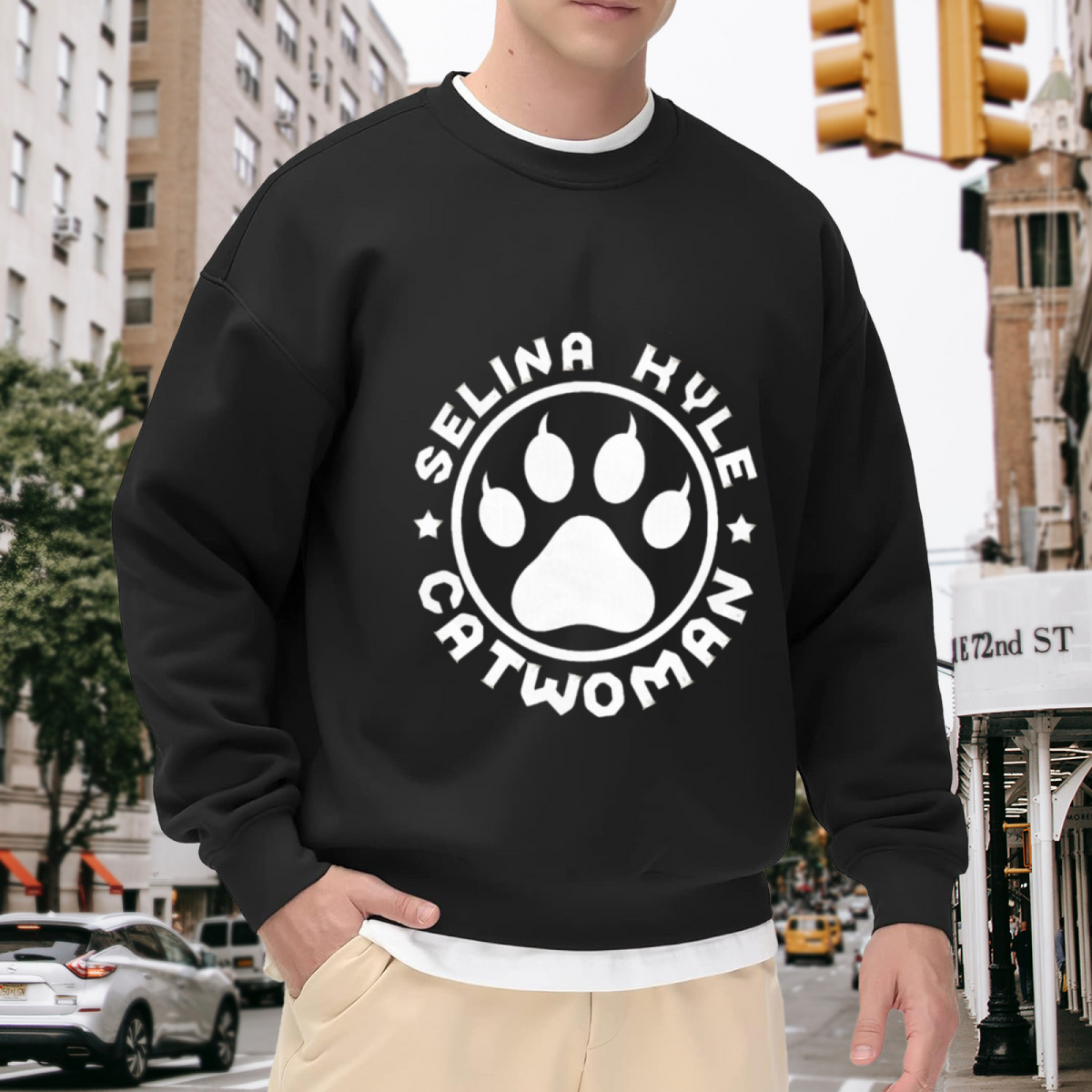 Selina Kyle Catwoman Paw Print Emblem Crewneck Sweatshirt | Superhero Badge Graphic Pullover, Comic Fan Gift