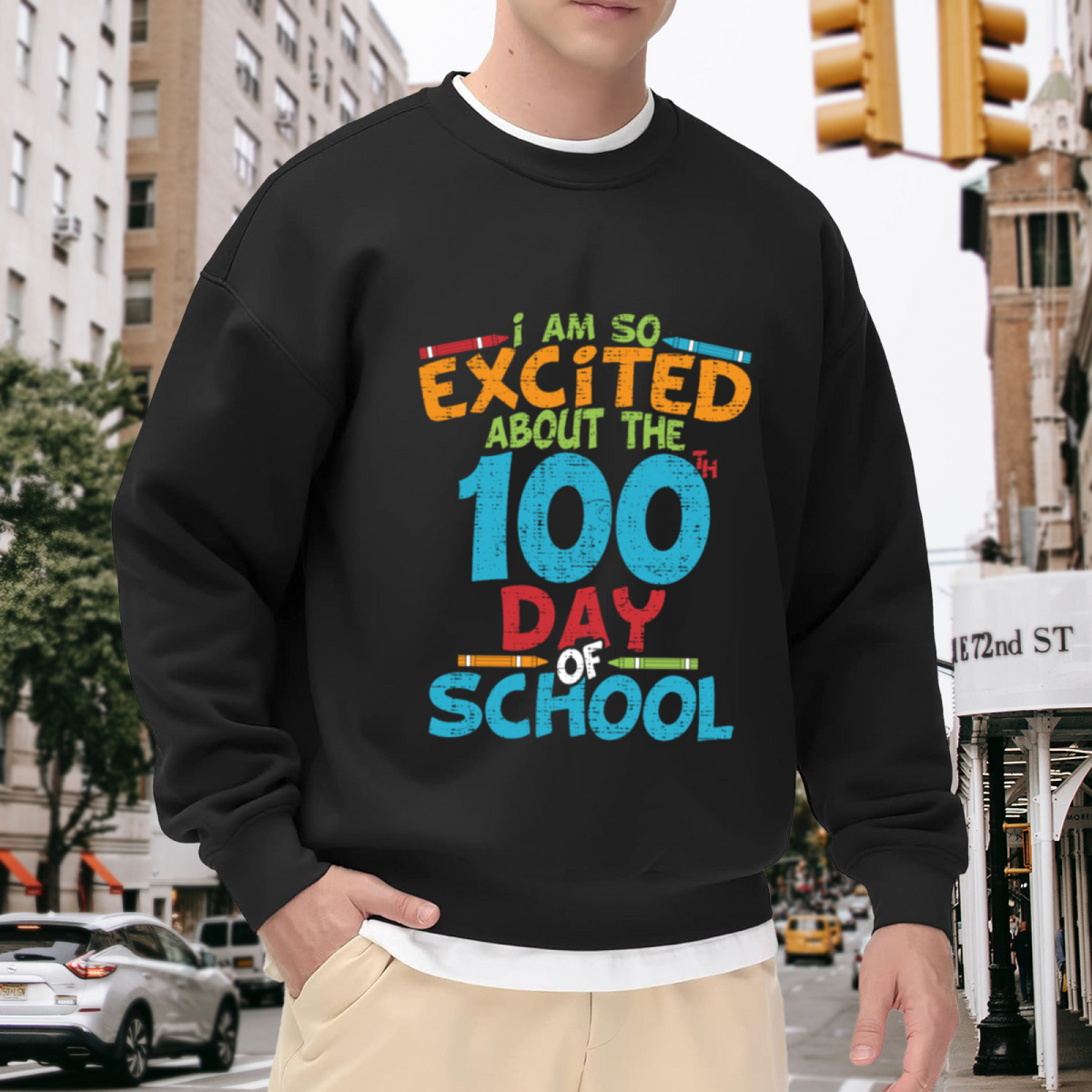 100th Day Of School Crayon Celebration Crewneck Sweatshirt | School Milestone Teacher Student Pullover, Back To School Gift