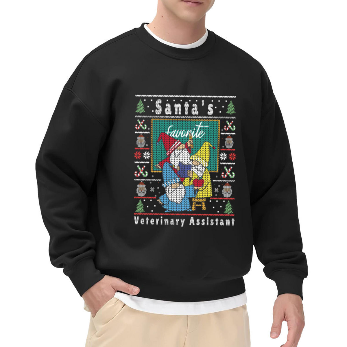 Santa's Favorite Veterinary Assistant Funny Christmas Gnomes Cat and Dog Graphic Crewneck Sweatshirt for Pet Lovers