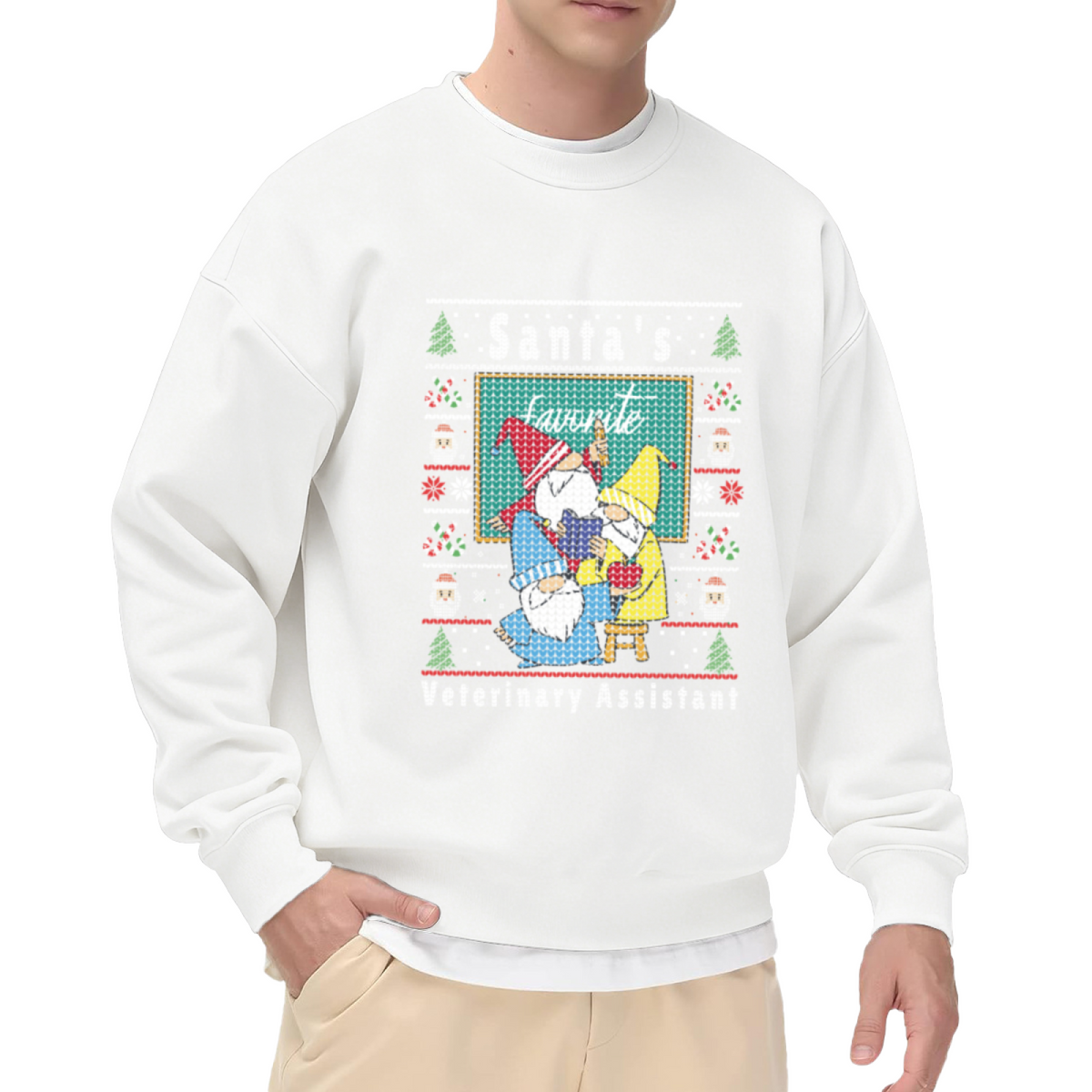 Santa's Favorite Veterinary Assistant Funny Christmas Gnomes Cat and Dog Graphic Crewneck Sweatshirt for Pet Lovers