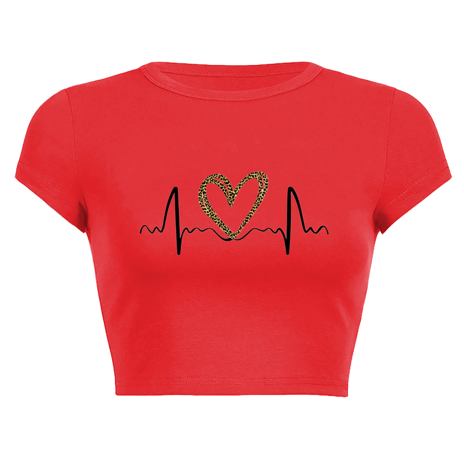 Leopard Heart Heartbeat Line Red Crop Tee ¨C Love Valentine Casual Top 14.