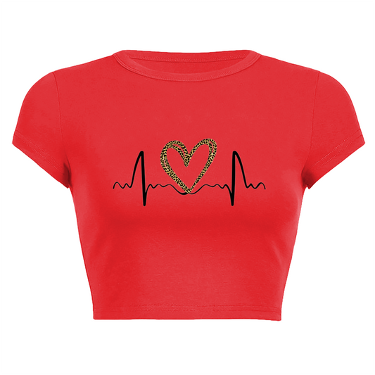 Leopard Heart Heartbeat Line Red Crop Tee ¨C Love Valentine Casual Top 14.
