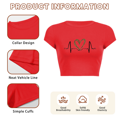 Leopard Heart Heartbeat Line Red Crop Tee ¨C Love Valentine Casual Top 14.