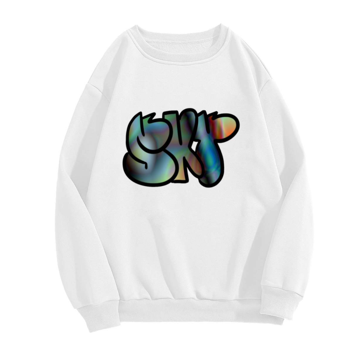 SkiP Graffiti Bubble Letters Crewneck Sweatshirt, Holographic Streetwear Pullover, Urban Art Gift