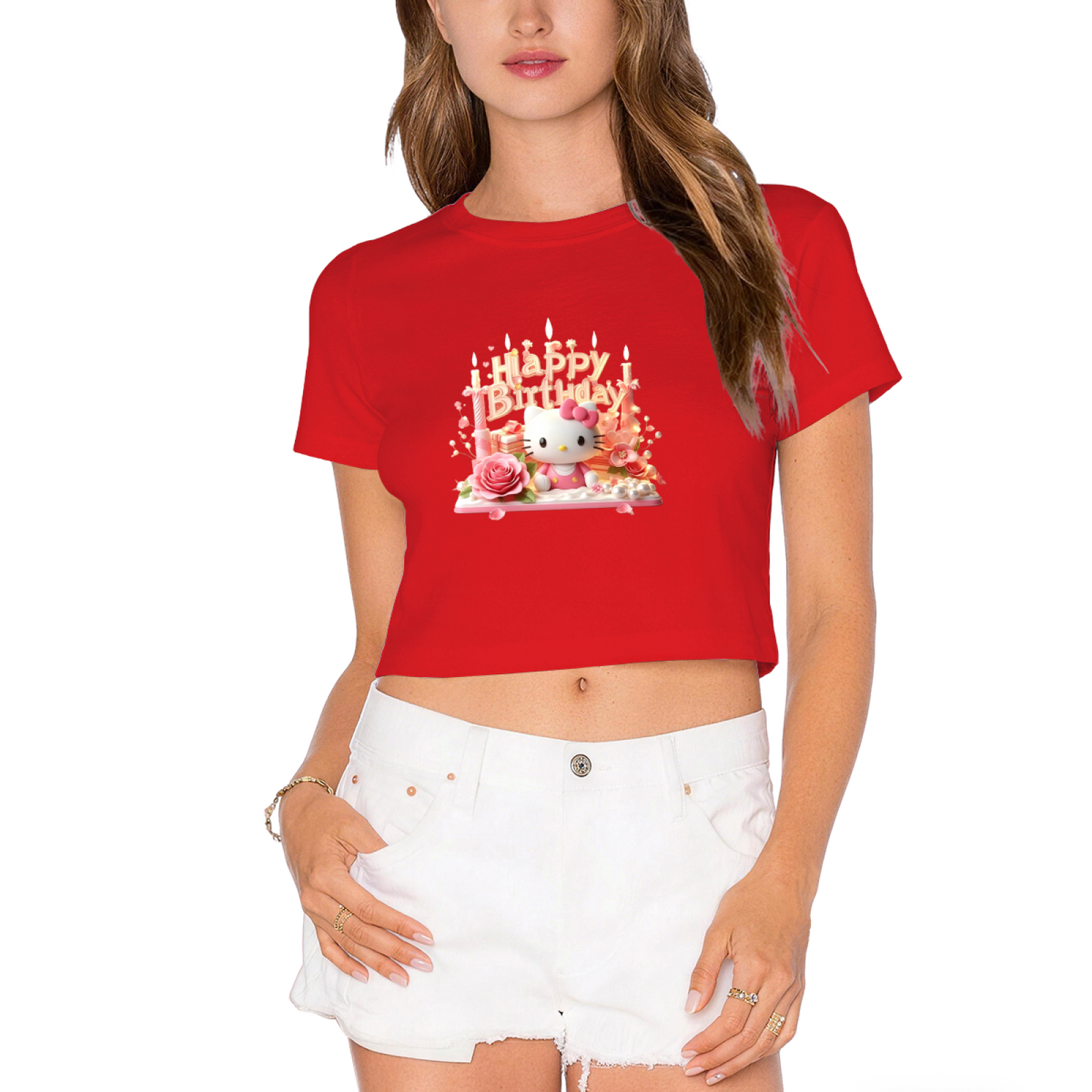 Birthday Cake Hello Kitty Red Cropped T?Shirt