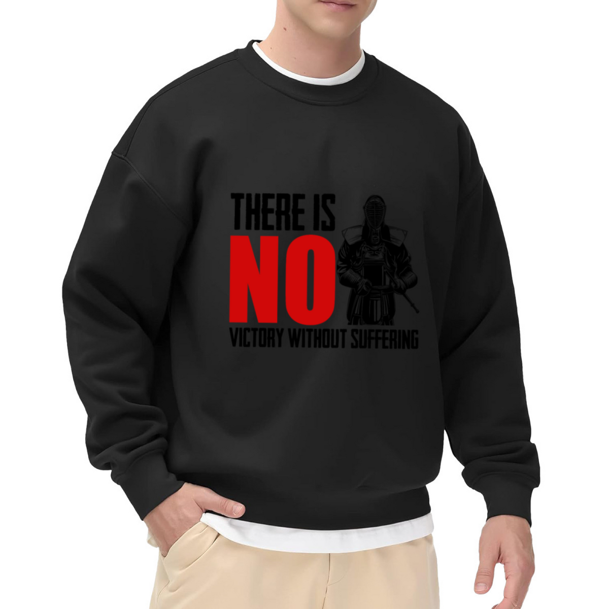 There Is No Victory Without Suffering Armored Warrior Crewneck Sweatshirt for Hardcore Motivation Enthusiasts