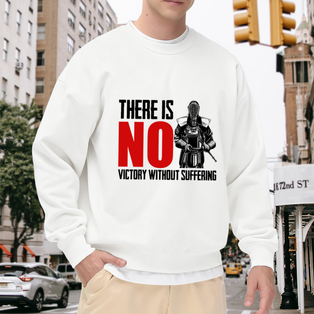 There Is No Victory Without Suffering Armored Warrior Crewneck Sweatshirt for Hardcore Motivation Enthusiasts