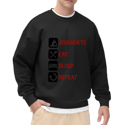 Jivamukti Eat Sleep Repeat Yoga Lifestyle Crewneck Sweatshirt | Daily Routine Icon Pullover, Yogi Gift