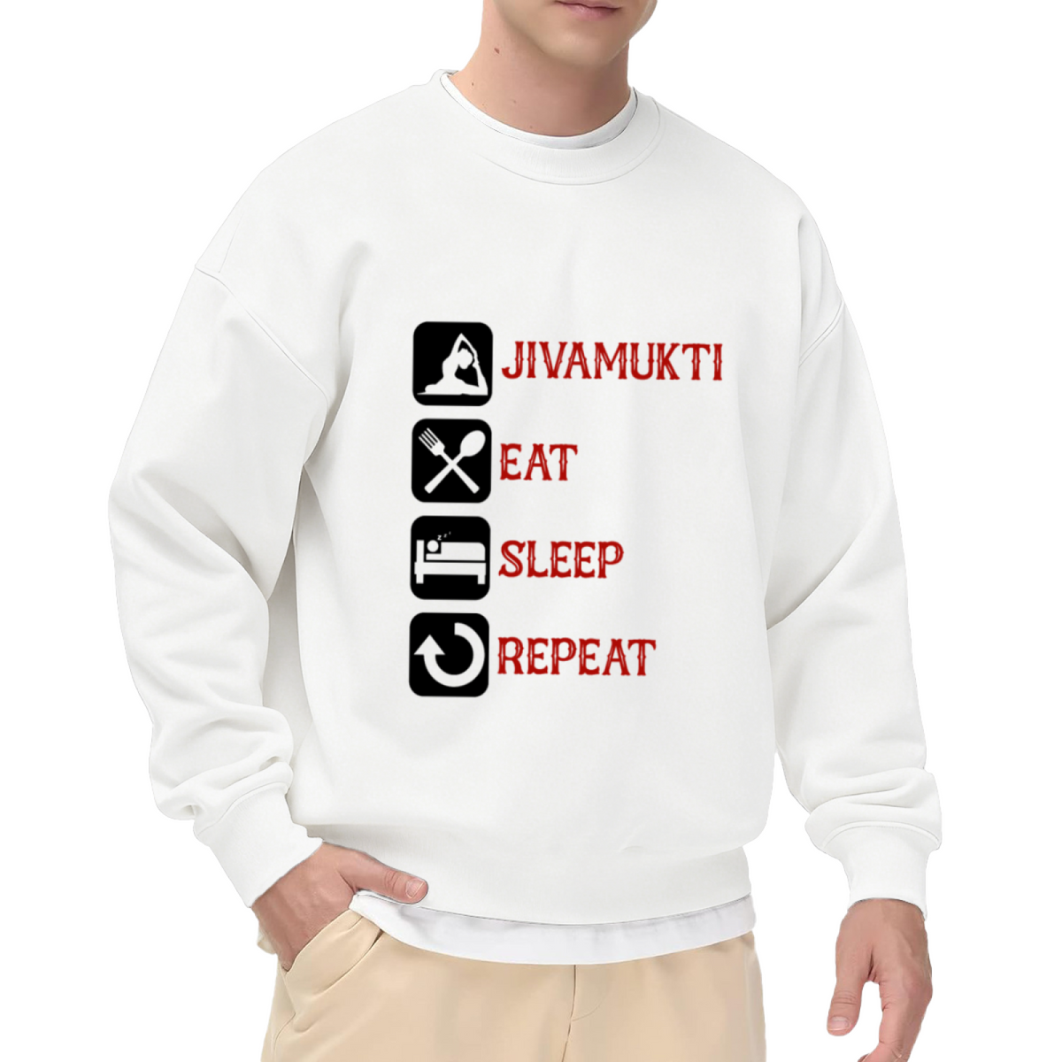 Jivamukti Eat Sleep Repeat Yoga Lifestyle Crewneck Sweatshirt | Daily Routine Icon Pullover, Yogi Gift