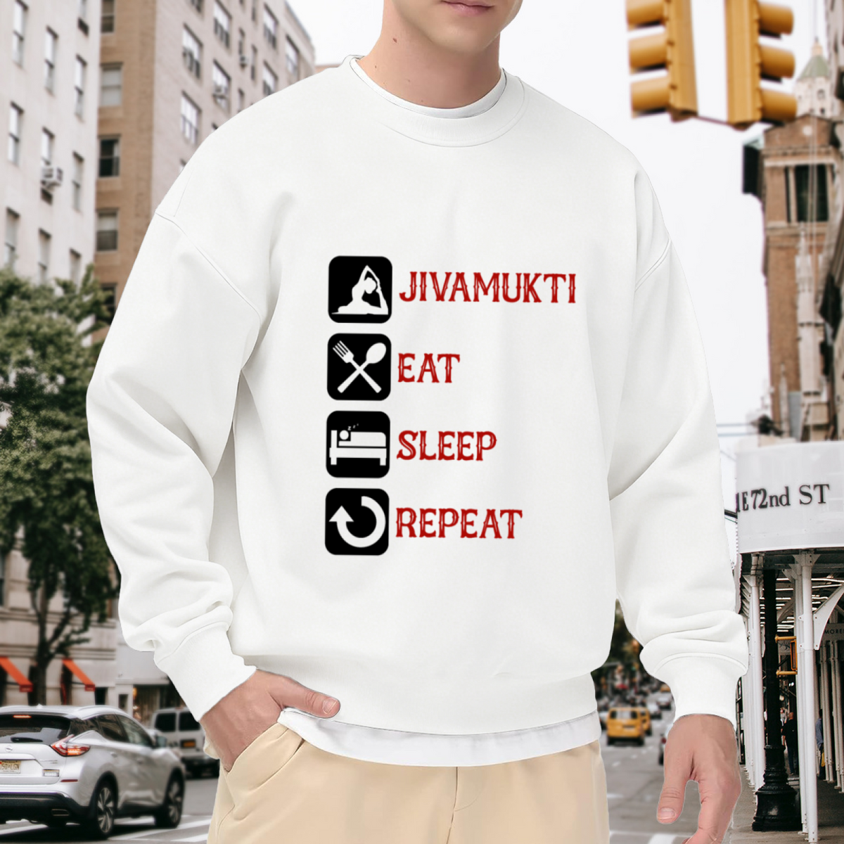 Jivamukti Eat Sleep Repeat Yoga Lifestyle Crewneck Sweatshirt | Daily Routine Icon Pullover, Yogi Gift
