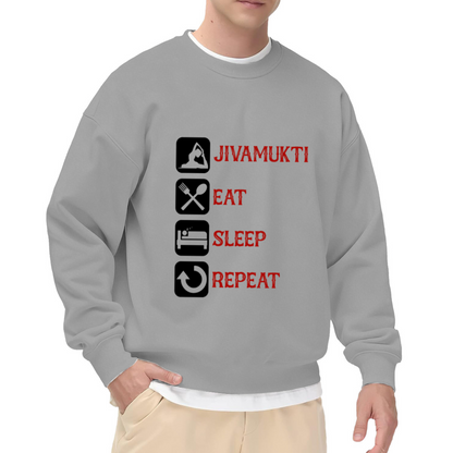 Jivamukti Eat Sleep Repeat Yoga Lifestyle Crewneck Sweatshirt | Daily Routine Icon Pullover, Yogi Gift