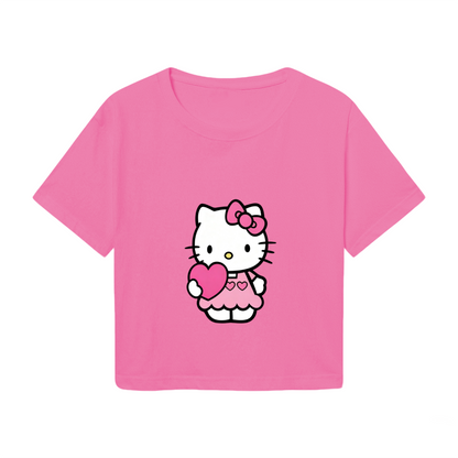 Lovely Heart?Holding Hello Kitty Girly Pink Cropped Tee