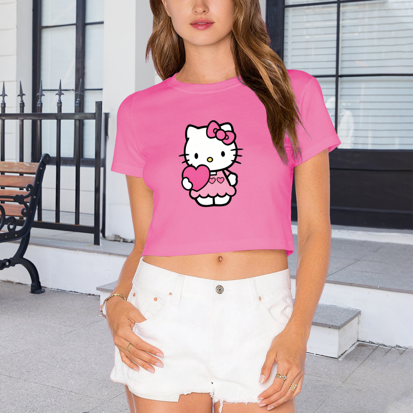 Lovely Heart?Holding Hello Kitty Girly Pink Cropped Tee