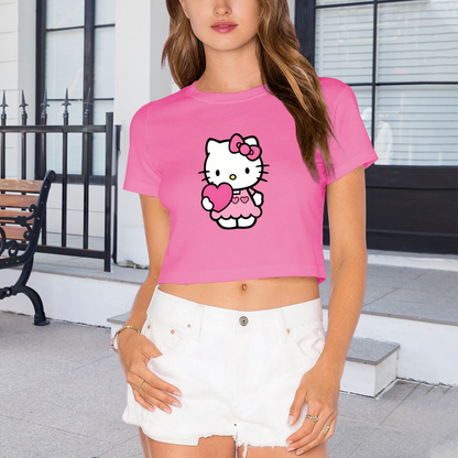 Lovely Heart?Holding Hello Kitty Girly Pink Cropped Tee