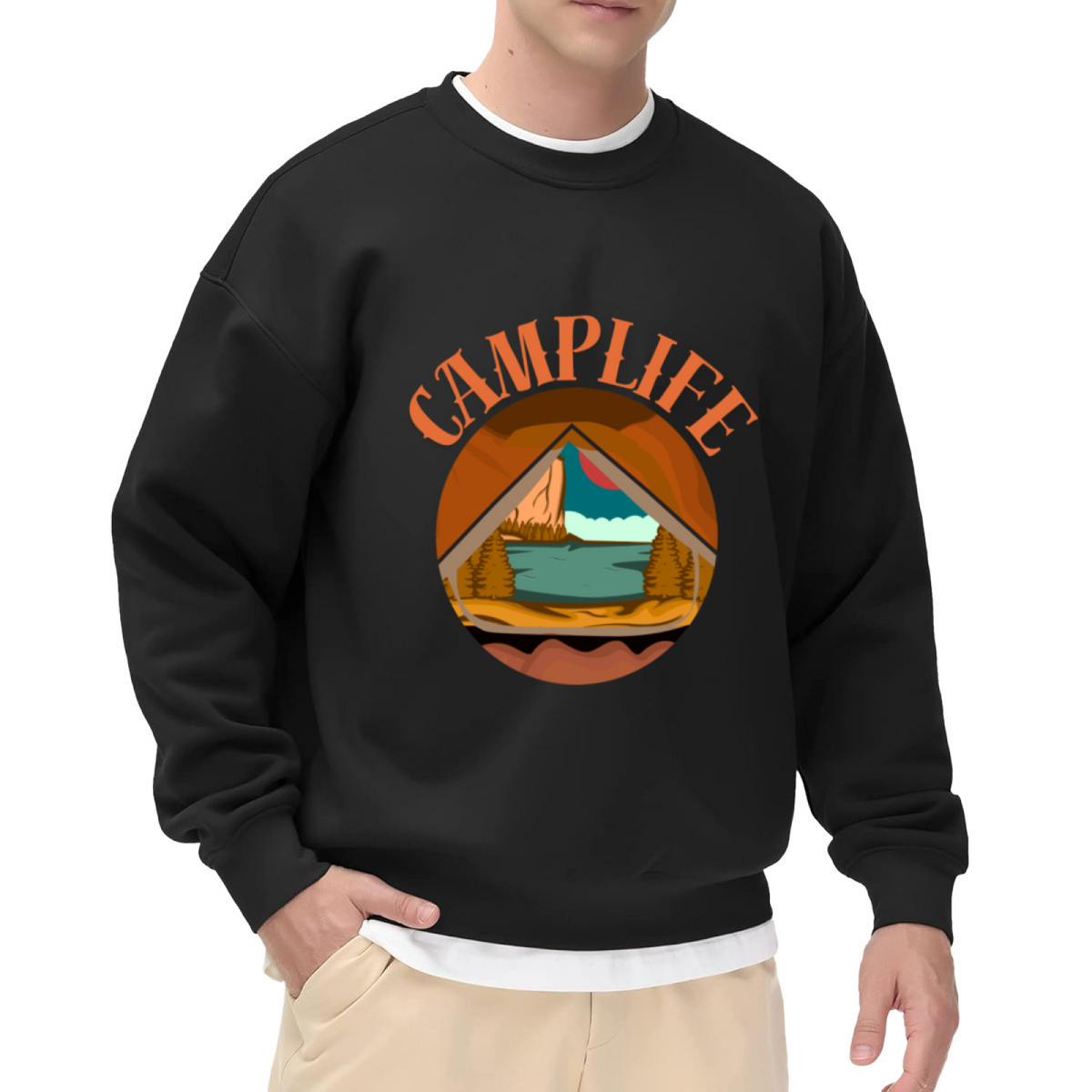 Camplife Mountain Lake Badge Crewneck Sweatshirt, Retro Outdoor Camping Pullover, Nature Adventure Gift