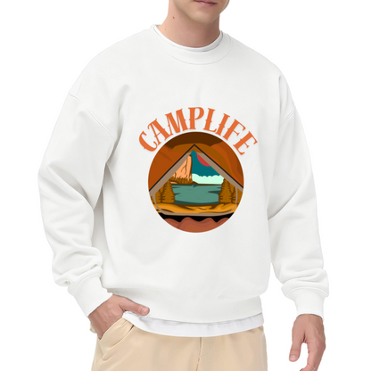 Camplife Mountain Lake Badge Crewneck Sweatshirt, Retro Outdoor Camping Pullover, Nature Adventure Gift