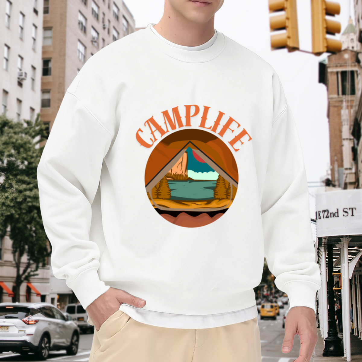 Camplife Mountain Lake Badge Crewneck Sweatshirt, Retro Outdoor Camping Pullover, Nature Adventure Gift