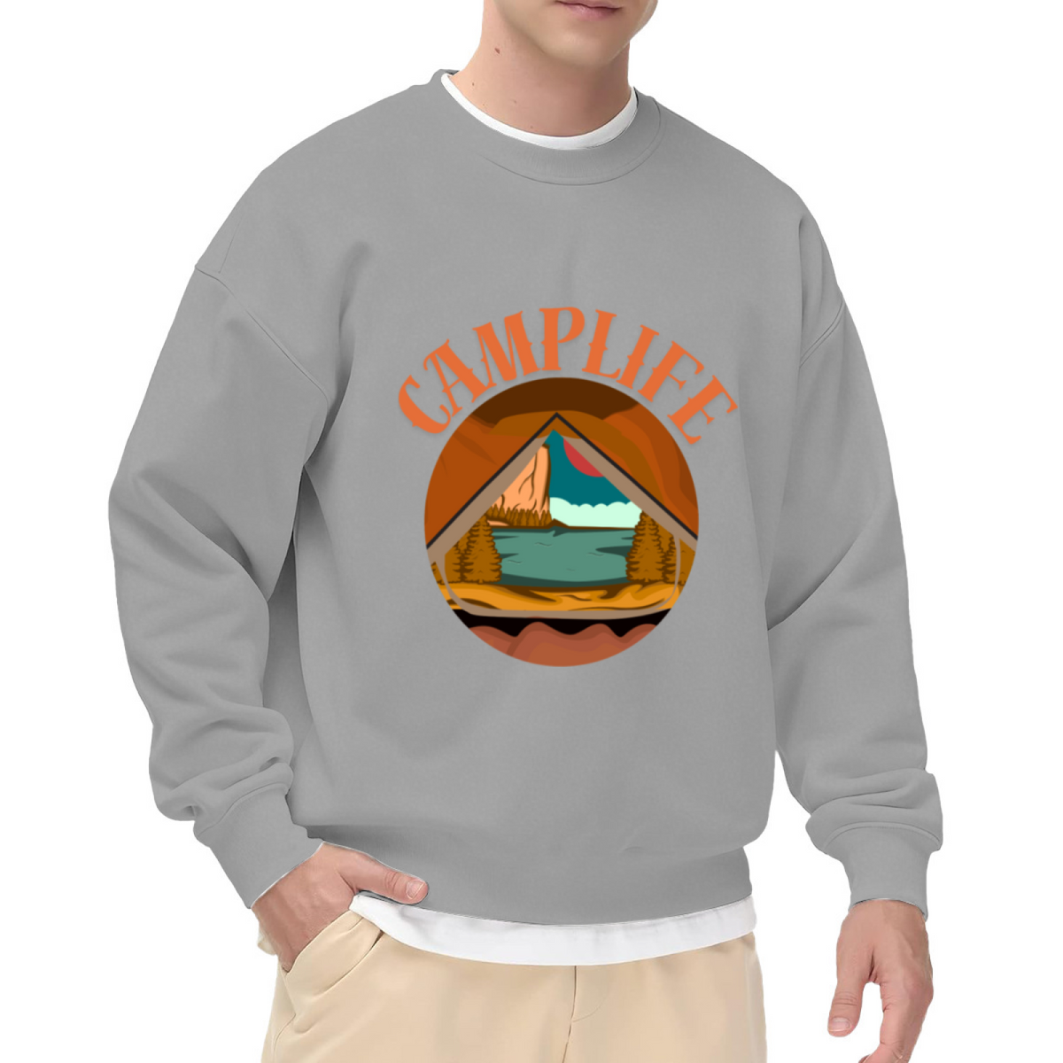 Camplife Mountain Lake Badge Crewneck Sweatshirt, Retro Outdoor Camping Pullover, Nature Adventure Gift