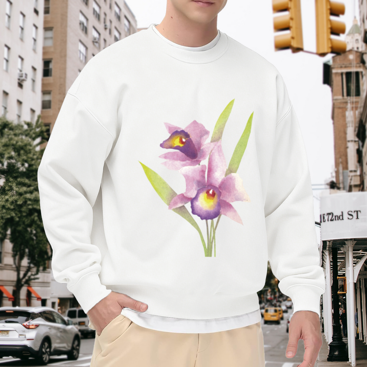Watercolor Orchid Flower Crewneck Sweatshirt, Botanical Tropical Floral Pullover, Flower Lover Gift