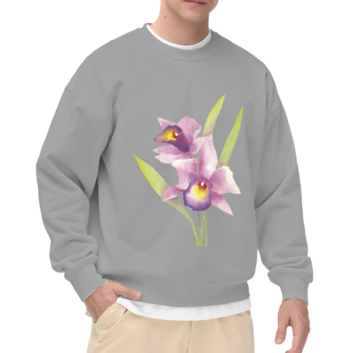 Watercolor Orchid Flower Crewneck Sweatshirt, Botanical Tropical Floral Pullover, Flower Lover Gift