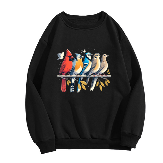 Colorful Garden Birds Sweatshirt | Cardinal Blue Jay Wildlife Graphic Crewneck, Hand-Drawn Bird Pullover Top, Bird Lover Gift for Women Men