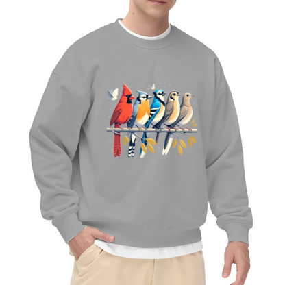 Colorful Garden Birds Sweatshirt | Cardinal Blue Jay Wildlife Graphic Crewneck, Hand-Drawn Bird Pullover Top, Bird Lover Gift for Women Men