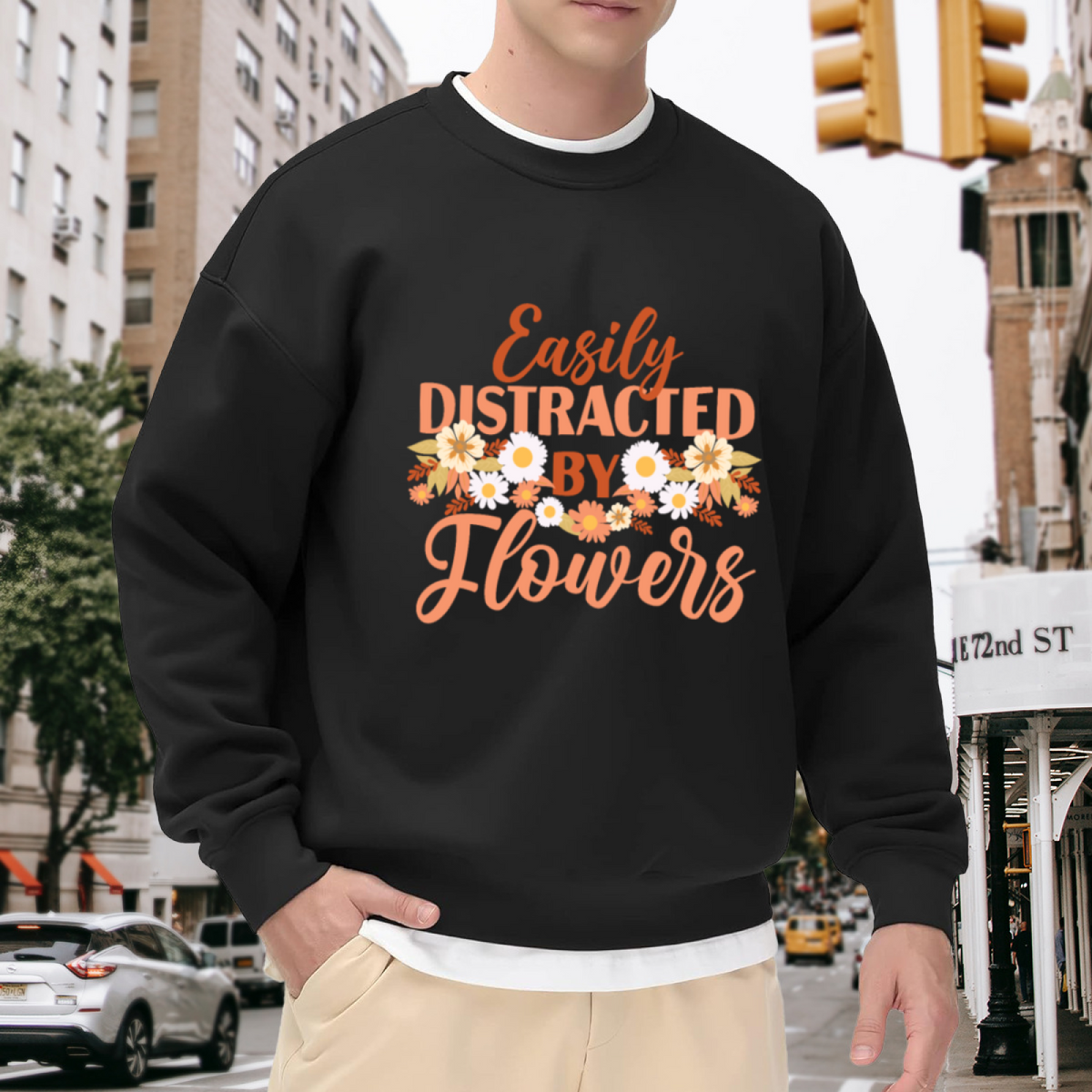 Easily Distracted By Flowers Crewneck Sweatshirt | Cute Daisy Floral Pullover, Retro Hand-Lettered Garden Graphic Top, Flower Lover Gift