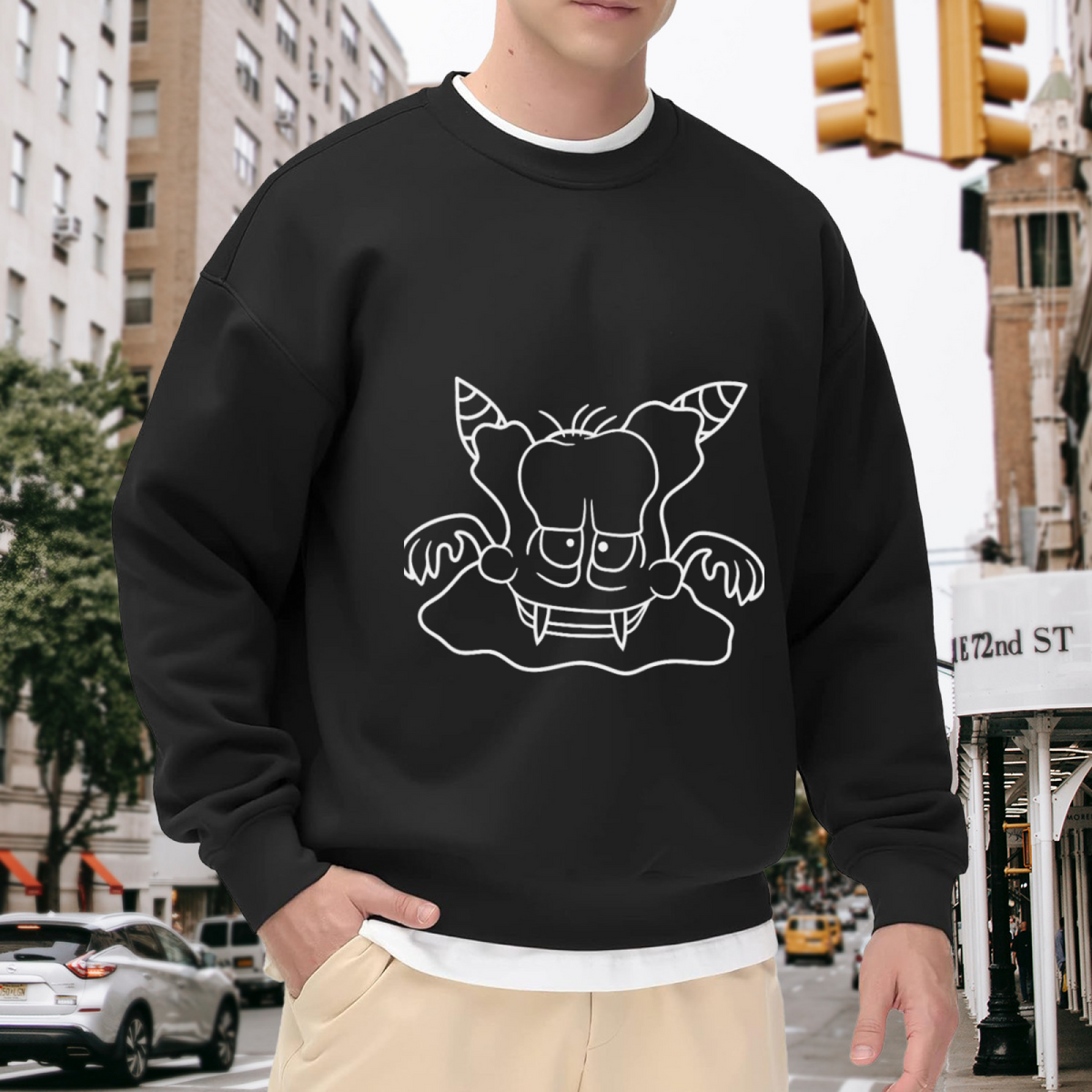 Peeking Gremlin Monster Line Art Crewneck Sweatshirt | Spooky Cute Cartoon Creature Pullover, Halloween Gift