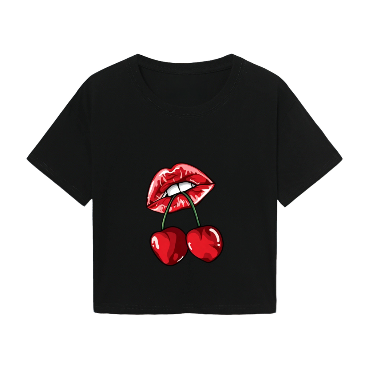 Juicy Cherry Red Lips Edgy Gothic Black Crop Top