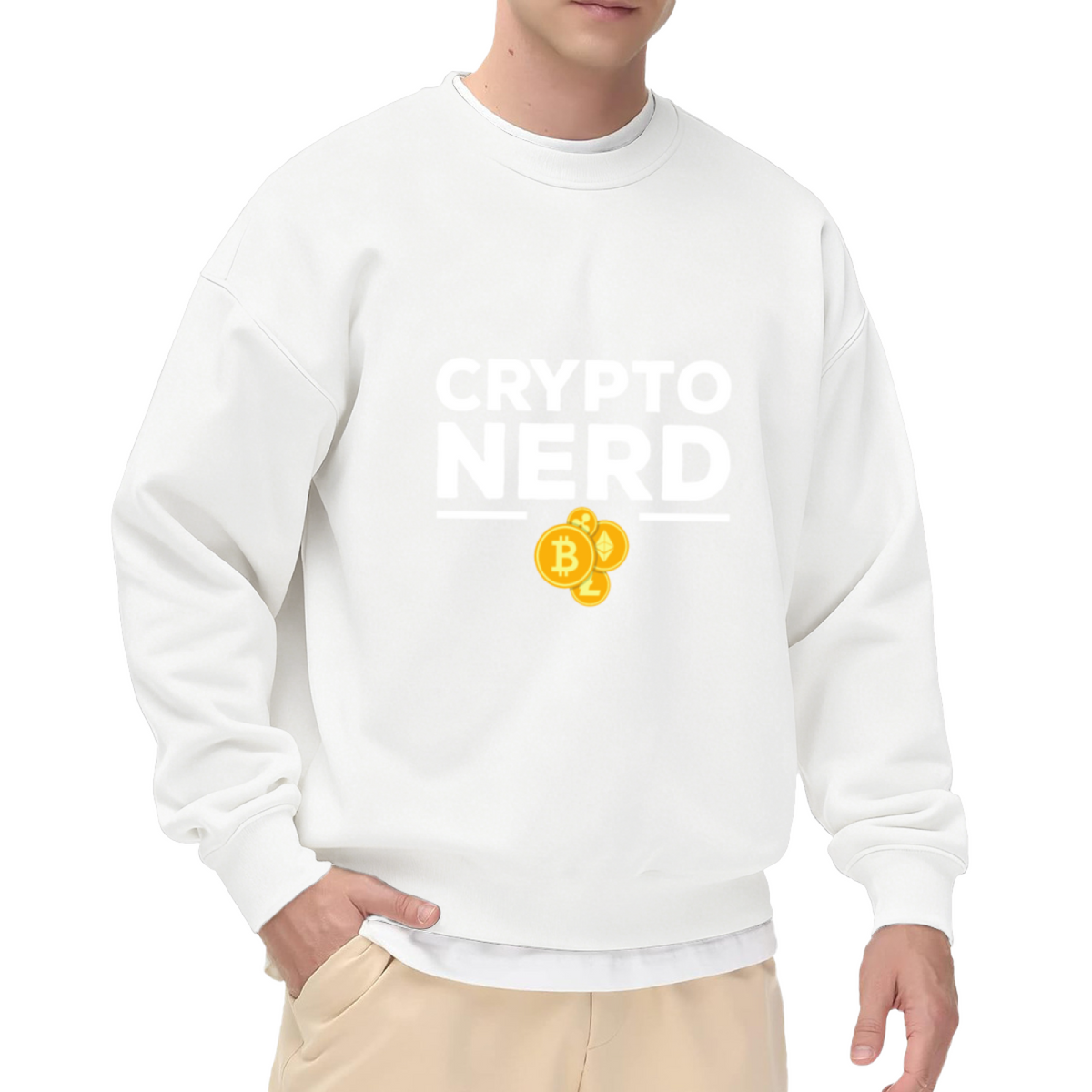 Crypto Nerd Sweatshirt | Bitcoin Ethereum Cartoon Coins Graphic Crewneck, Cryptocurrency Pullover Top, Funny Geek Gift for Investors Traders