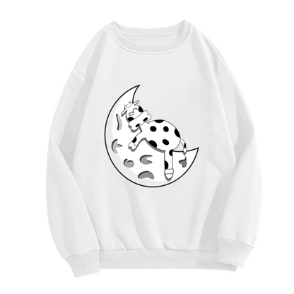 Sleeping Cow On Moon Crewneck Sweatshirt | Cute Cartoon Night Graphic Pullover, Whimsical Farm Animal Top, Cozy Gift