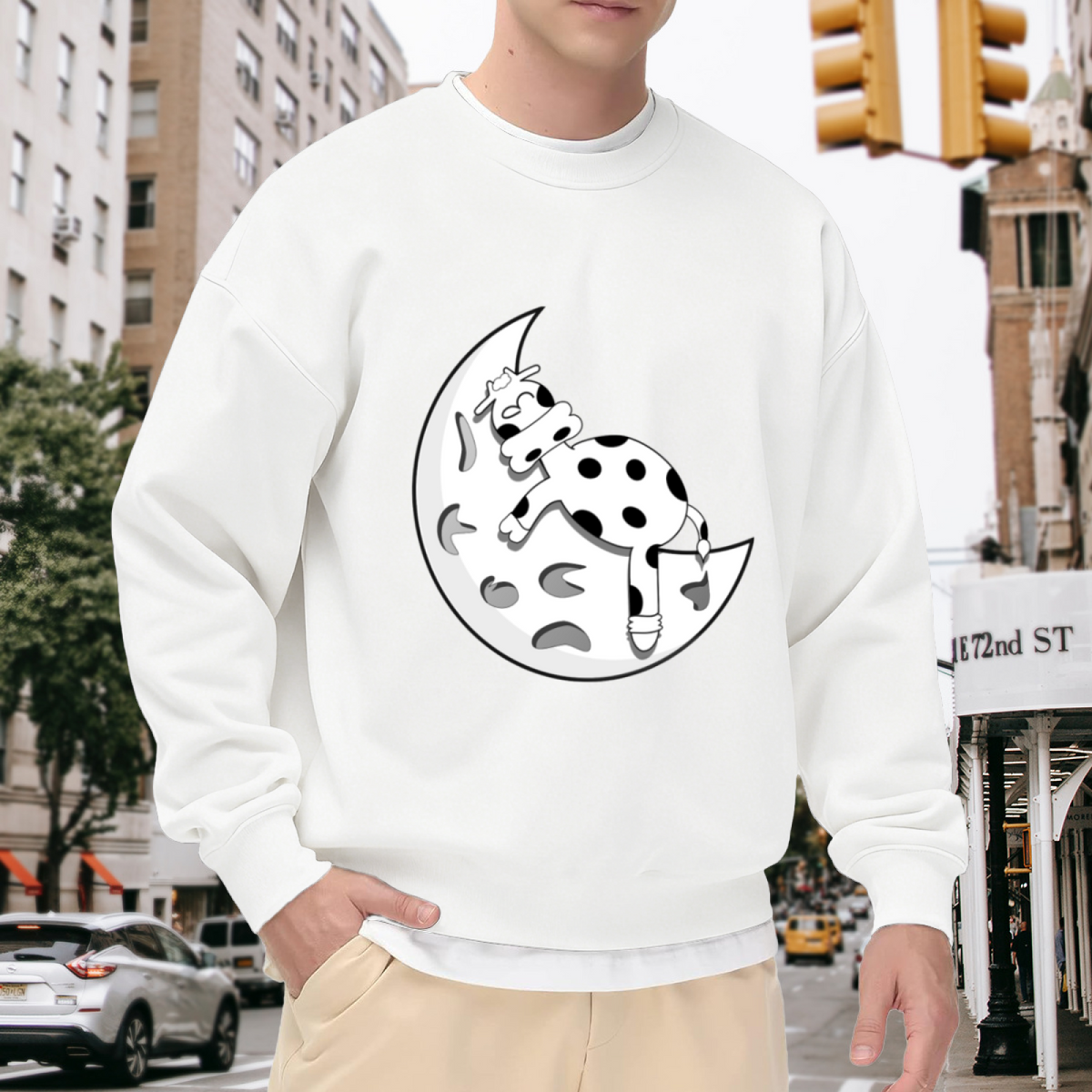 Sleeping Cow On Moon Crewneck Sweatshirt | Cute Cartoon Night Graphic Pullover, Whimsical Farm Animal Top, Cozy Gift