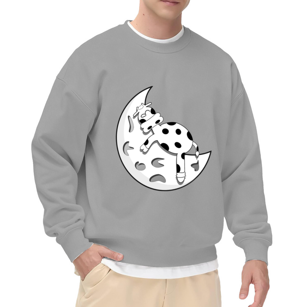 Sleeping Cow On Moon Crewneck Sweatshirt | Cute Cartoon Night Graphic Pullover, Whimsical Farm Animal Top, Cozy Gift