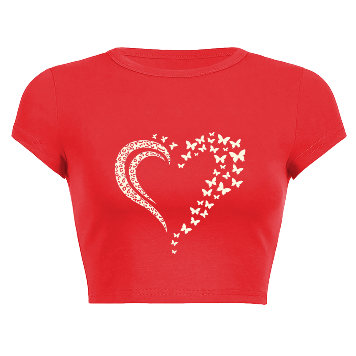 Red Leopard Butterfly Heart Graphic Slim Fit Crop Tee