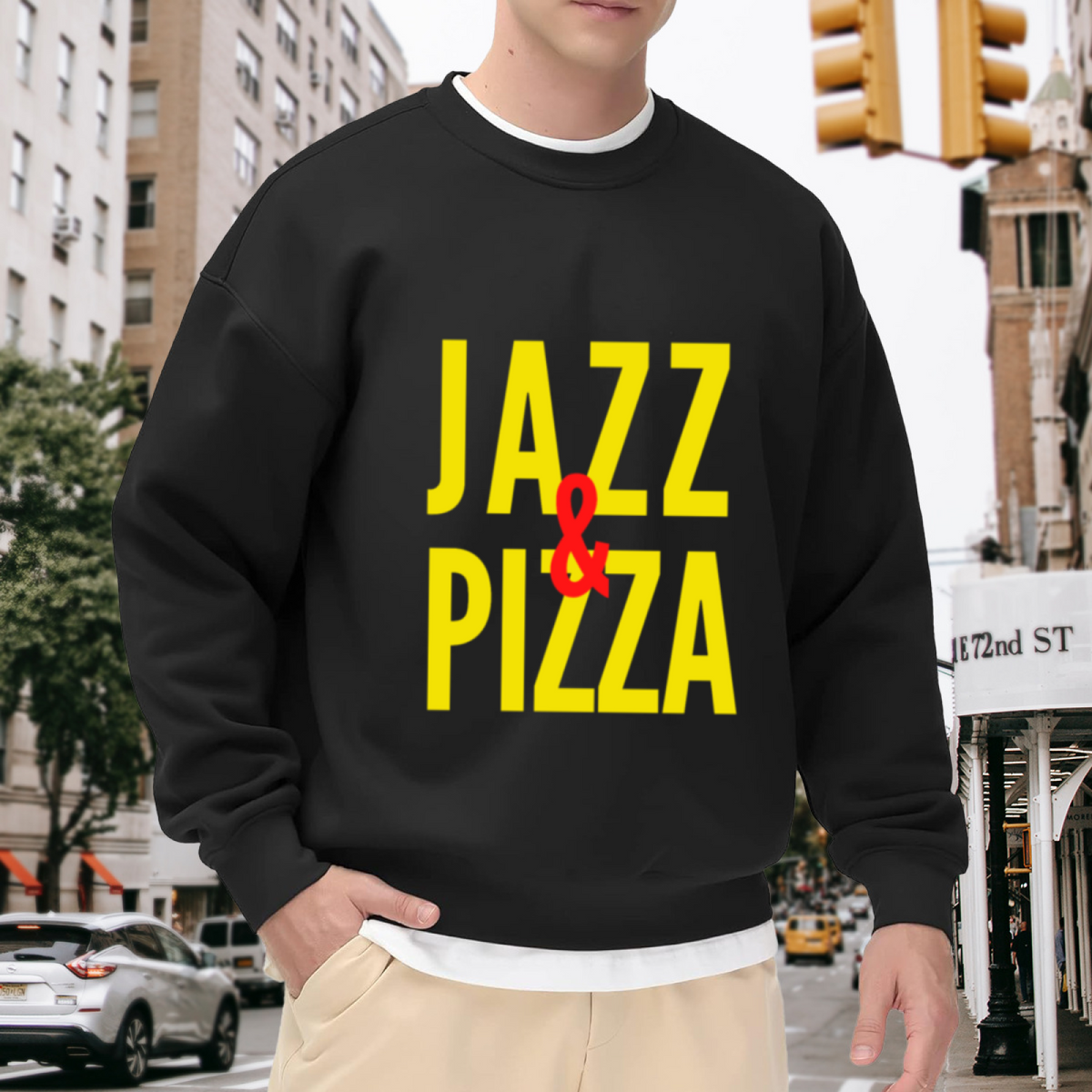 Jazz And Pizza Crewneck Sweatshirt, Retro Bold Typography Pullover, Music Food Gift
