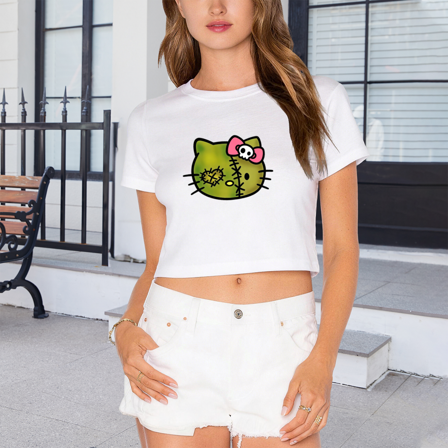 Stitched Zombie Hello Kitty Spooky Cute Crop Tee