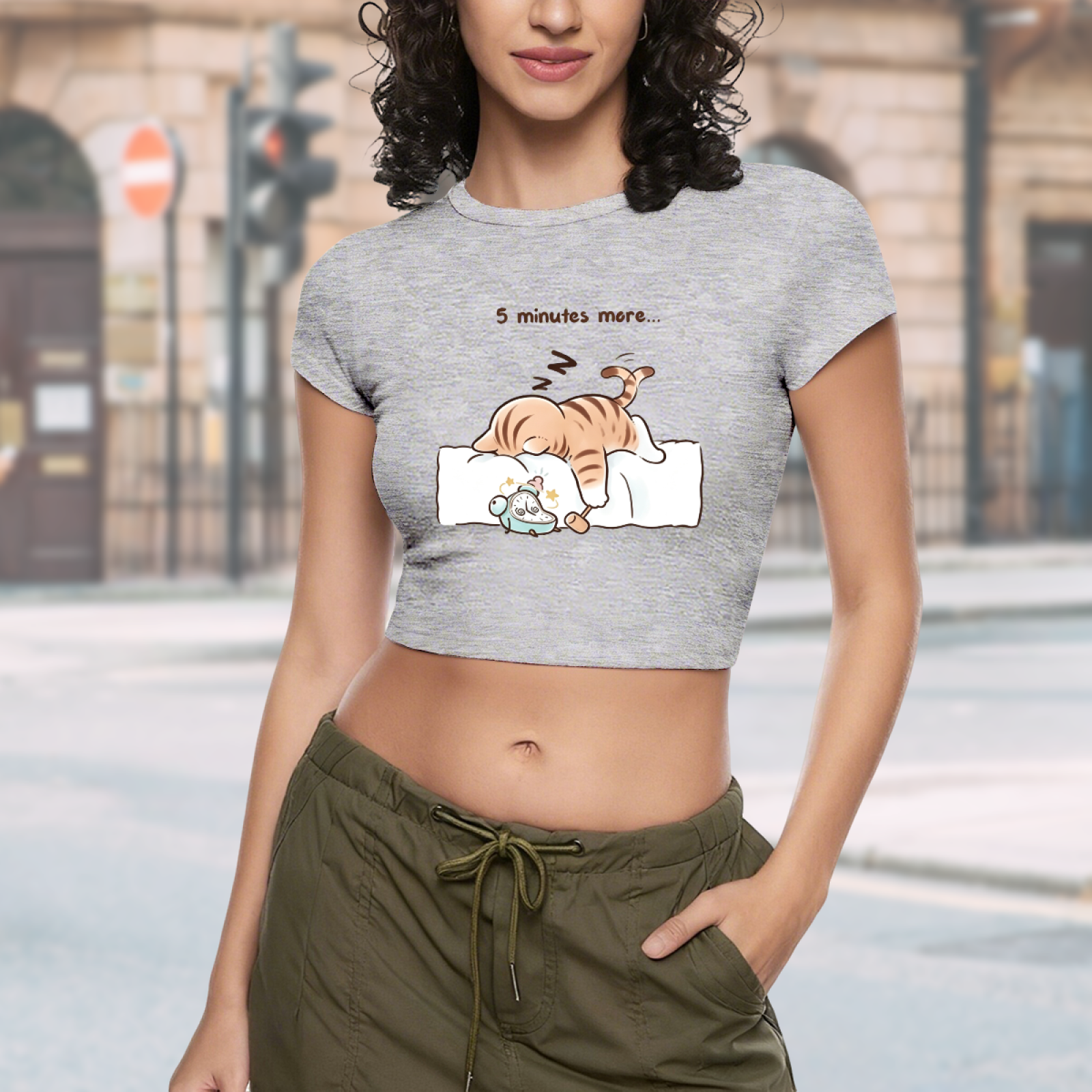 Sleepy Lazy Orange Cat Grey Cute Crop Top