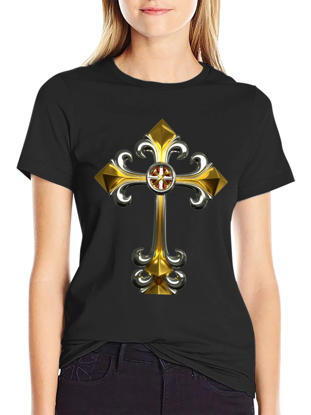 Gothic Gold Cross Graphic Tee - Black