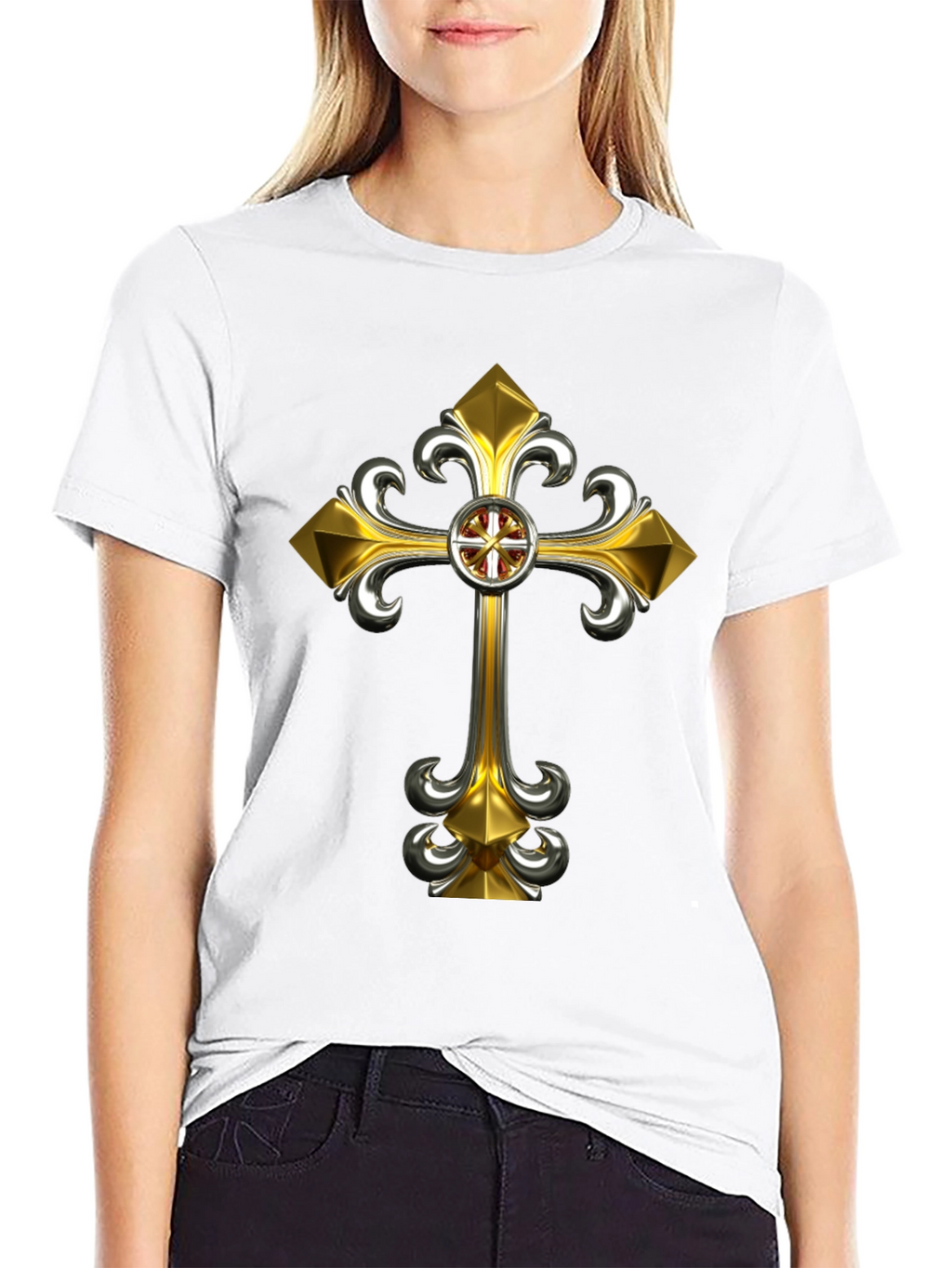 Gothic Gold Cross Graphic Tee - Black