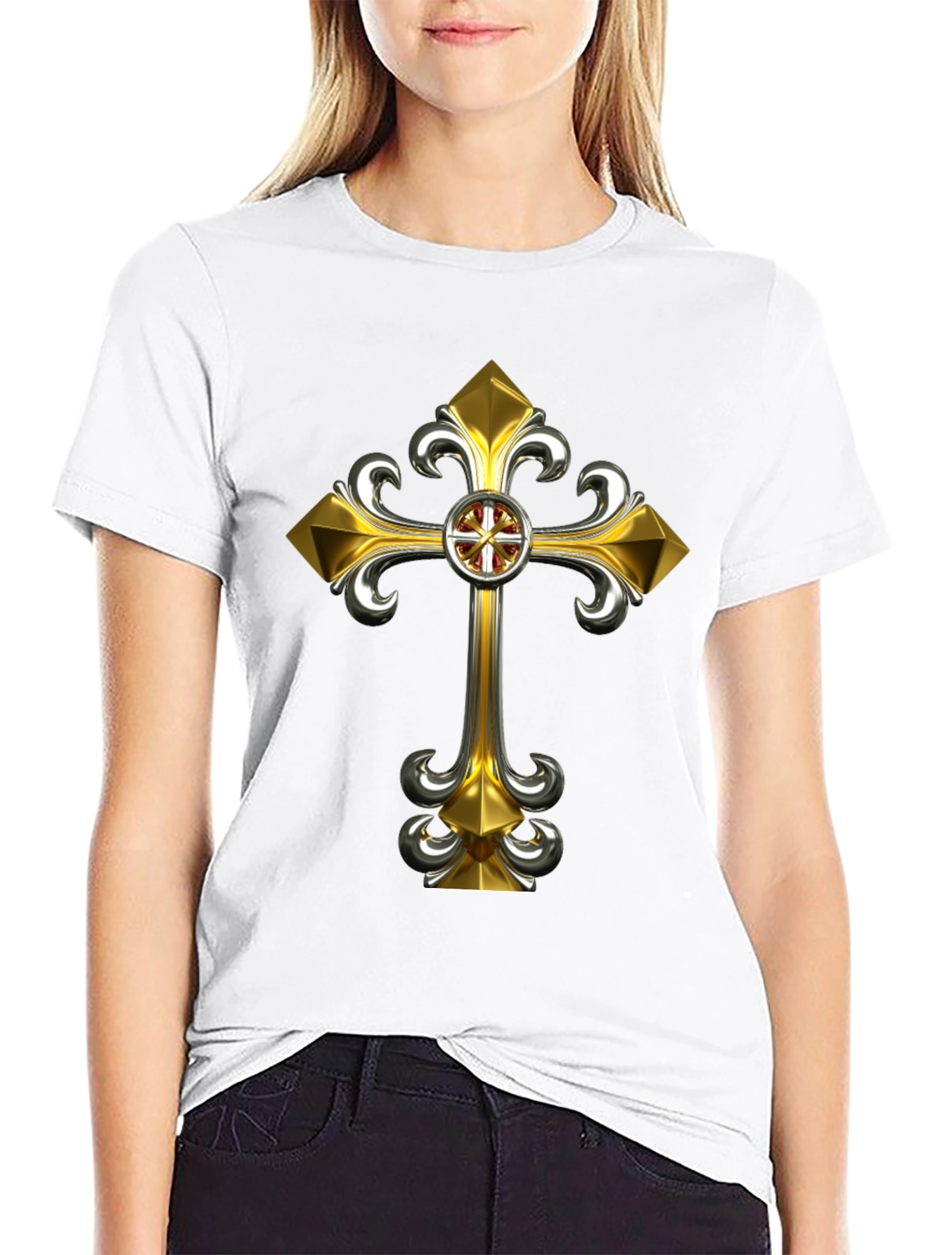 Gothic Gold Cross Graphic Tee - Black