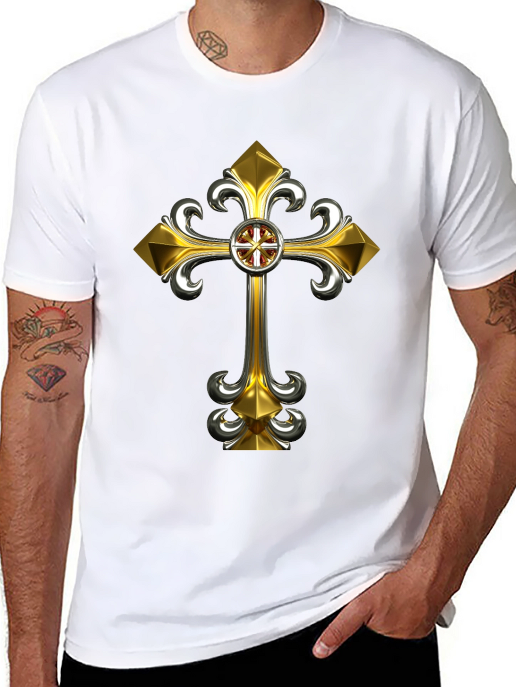 Gothic Gold Cross Graphic Tee - Black