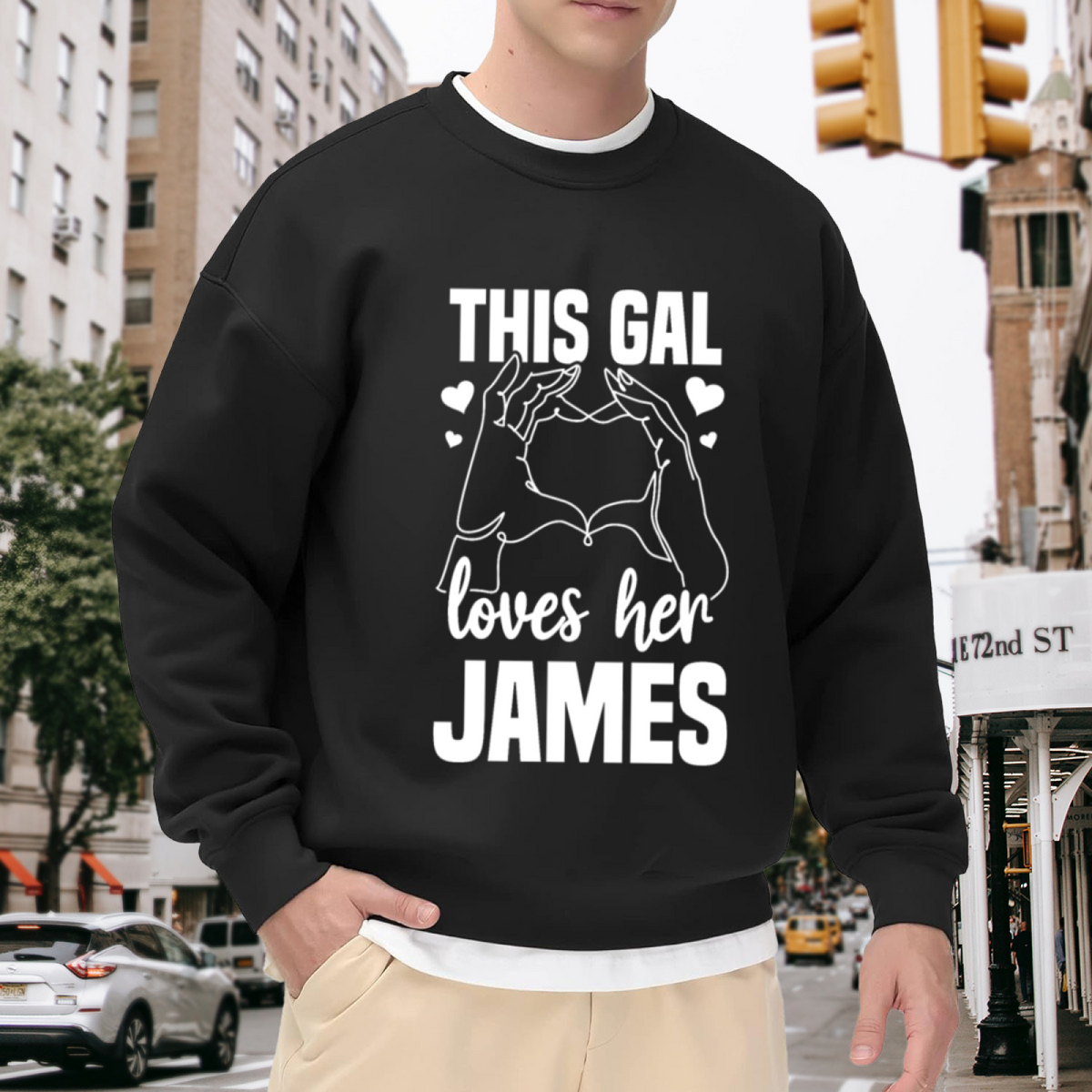 This Gal Loves Her James Heart Hands Personalized Crewneck Sweatshirt | Custom Name Couple Pullover, Valentine's Day Gift
