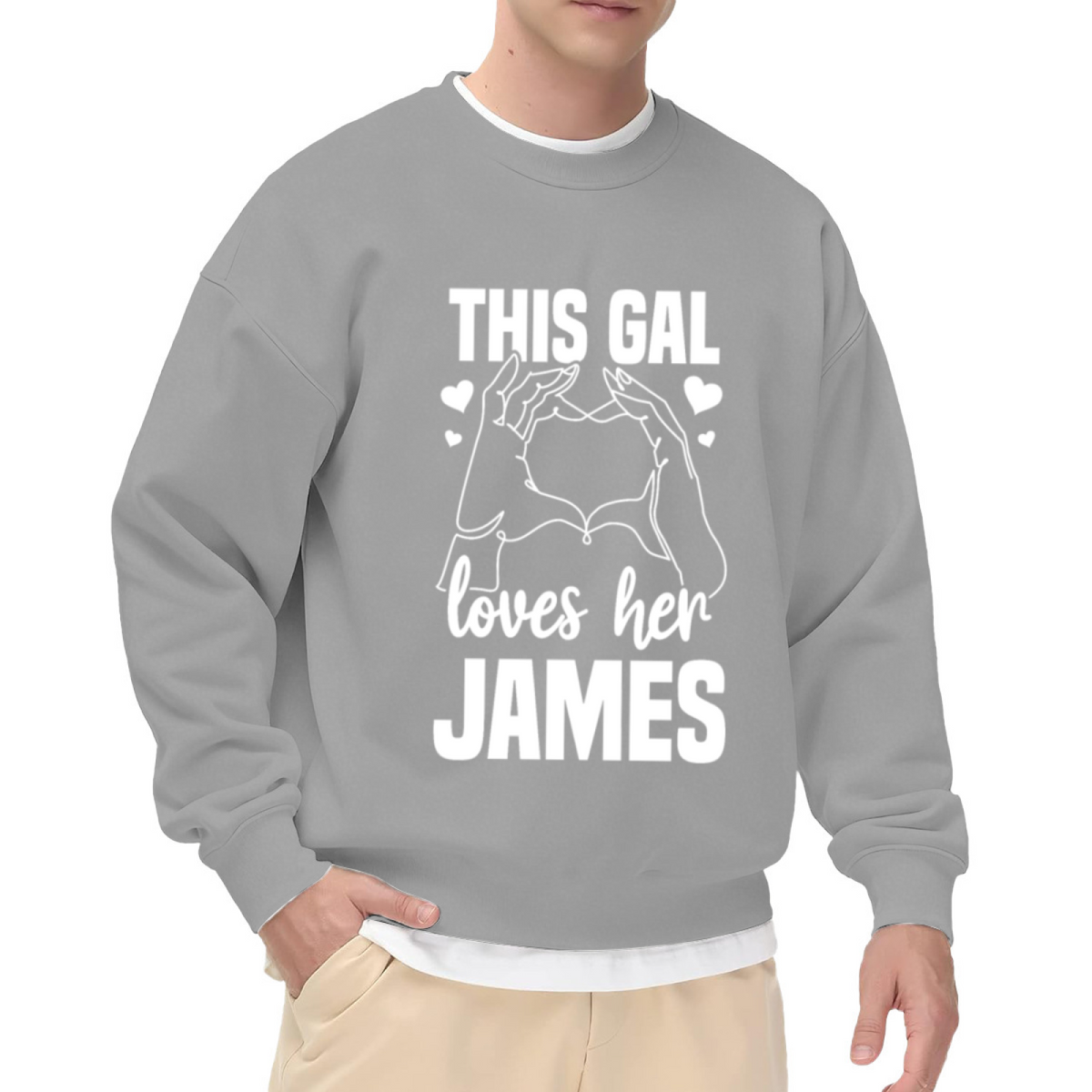 This Gal Loves Her James Heart Hands Personalized Crewneck Sweatshirt | Custom Name Couple Pullover, Valentine's Day Gift