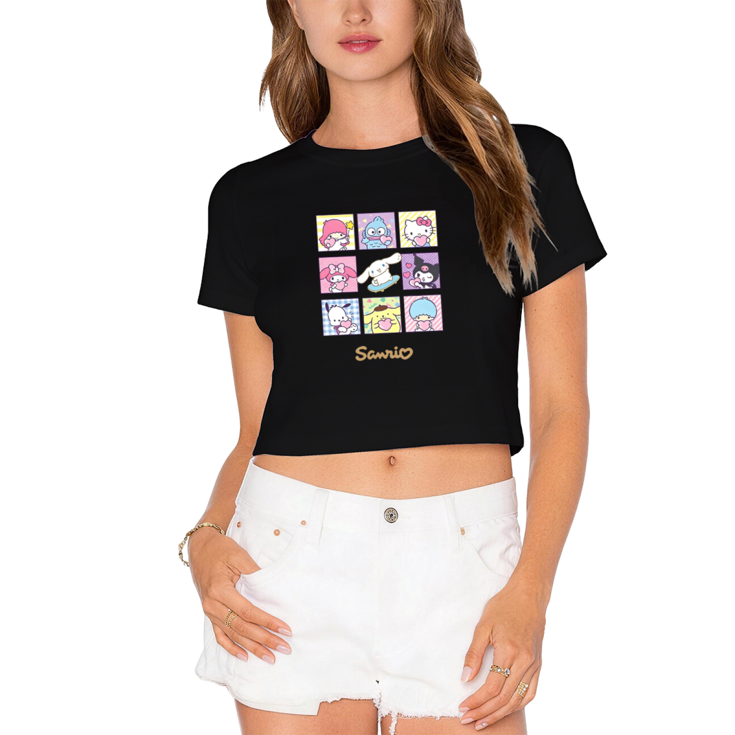 Sanrio All?Character Grid Print Cute White Cropped Tee